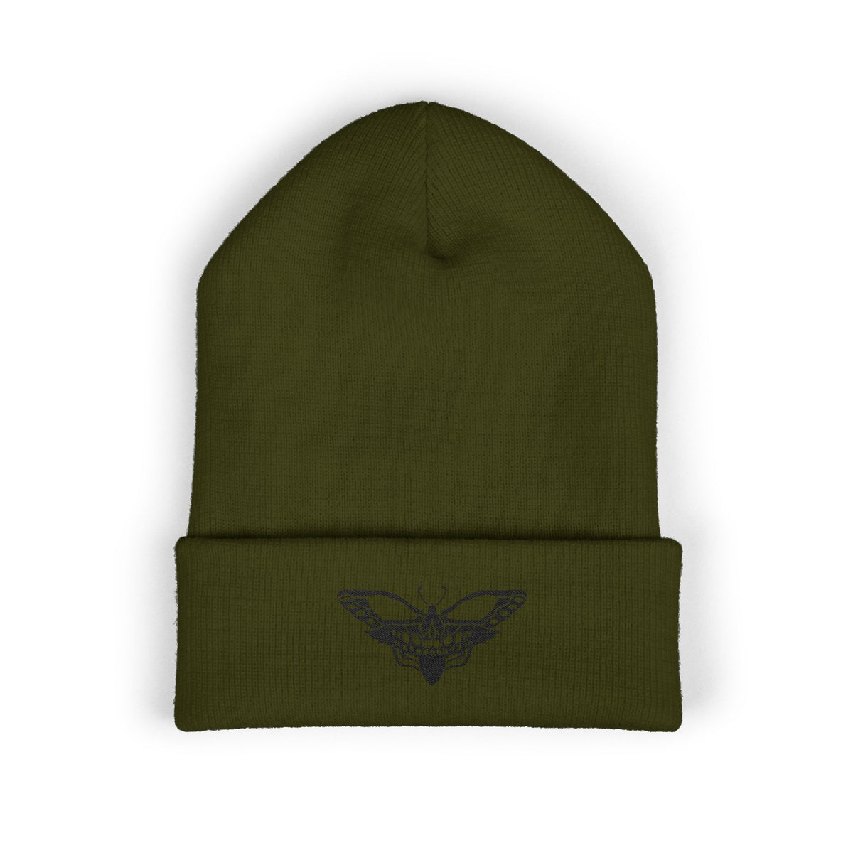 Embroidered Moth Cuffed Beanie — Skull-Moth Knit Hat