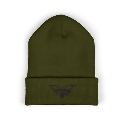 Embroidered Moth Cuffed Beanie — Skull-Moth Knit Hat
