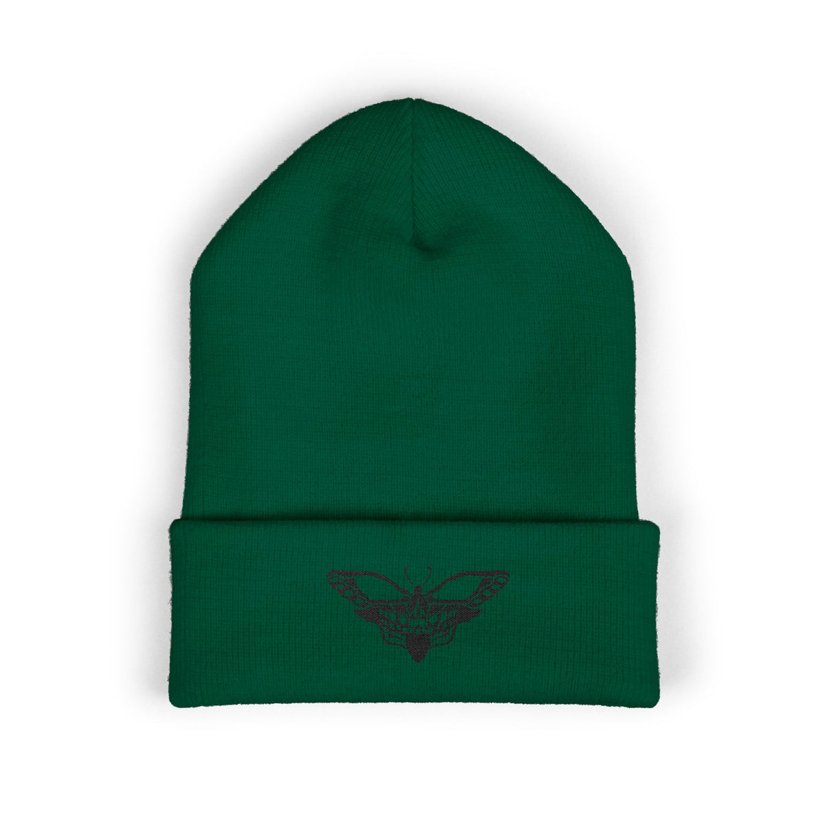 Embroidered Moth Cuffed Beanie — Skull-Moth Knit Hat