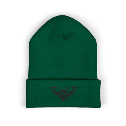 Embroidered Moth Cuffed Beanie — Skull-Moth Knit Hat