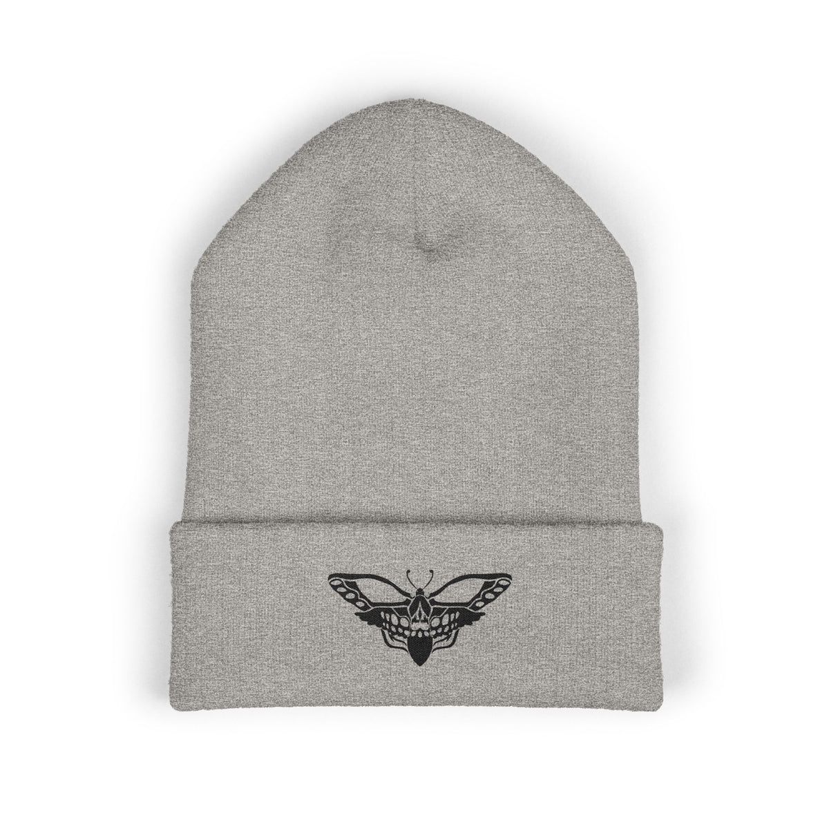 Embroidered Moth Cuffed Beanie — Skull-Moth Knit Hat