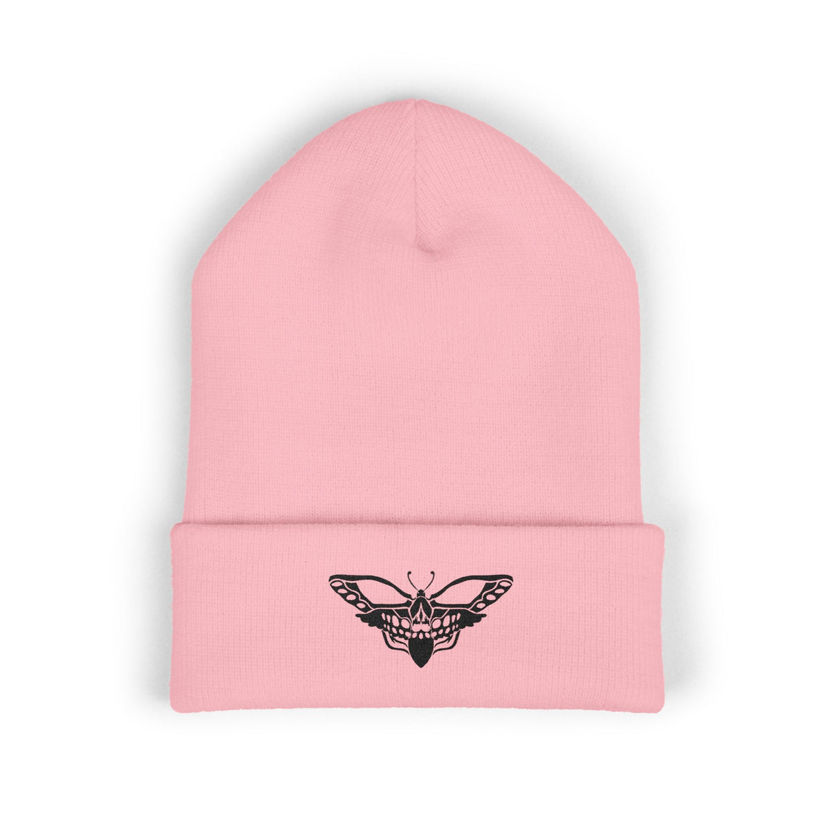 Embroidered Moth Cuffed Beanie — Skull-Moth Knit Hat