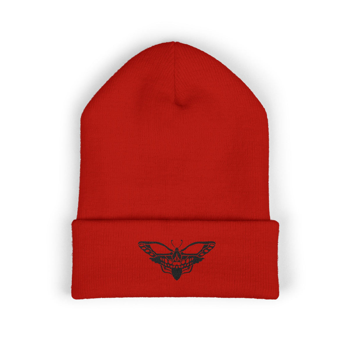 Embroidered Moth Cuffed Beanie — Skull-Moth Knit Hat