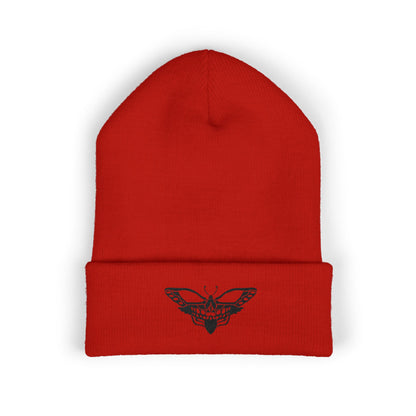 Embroidered Moth Cuffed Beanie — Skull-Moth Knit Hat