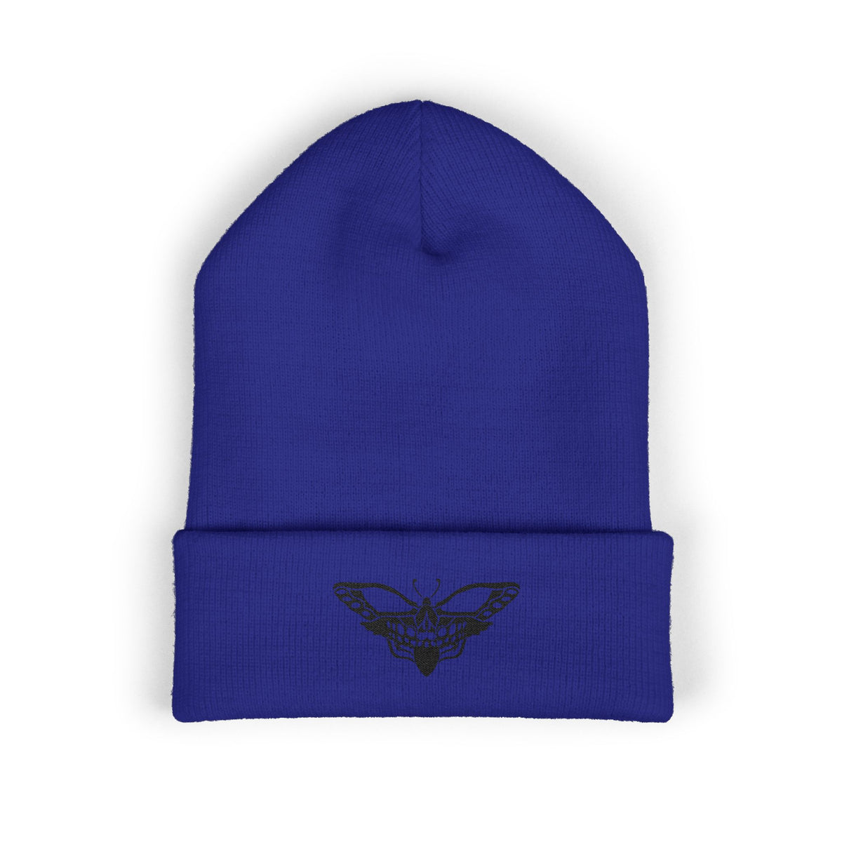 Embroidered Moth Cuffed Beanie — Skull-Moth Knit Hat