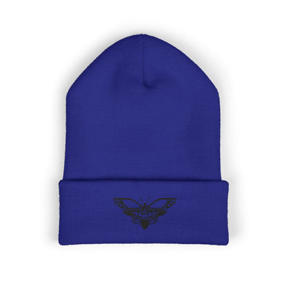 Embroidered Moth Cuffed Beanie — Skull-Moth Knit Hat