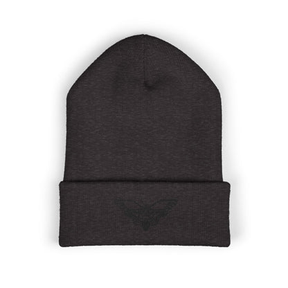 Embroidered Moth Cuffed Beanie — Skull-Moth Knit Hat